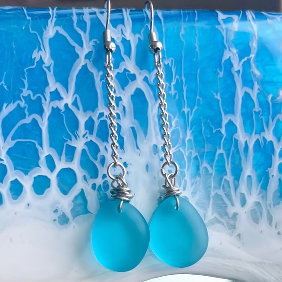 Handmade Blue Sea Glass Dangle Earrings - Picture 3 of 4
